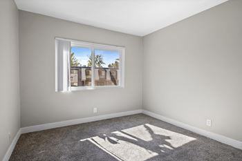 A room with a large window and a shadow of a person on the carpet.